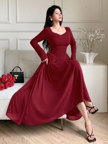 Feyla Women's Elegant Ruched Waist A-Line Dress,Fall Dresses For Women - Burgundy - View 5