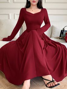 Feyla Women's Elegant Ruched Waist A-Line Dress,Fall Dresses For Women - Burgundy - View 2