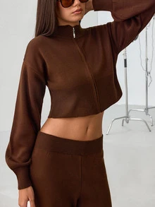 SHEIN Cropped Zip Up Sweater And High Knit Pants Co Ord Set - Brown - View 4