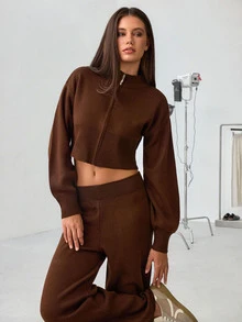 SHEIN Cropped Zip Up Sweater And High Knit Pants Co Ord Set - Brown - View 3