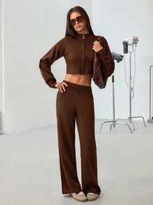 SHEIN Cropped Zip Up Sweater And High Knit Pants Co Ord Set - Brown - View 6