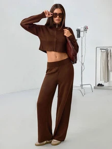 SHEIN Cropped Zip Up Sweater And High Knit Pants Co Ord Set - Brown - View 7