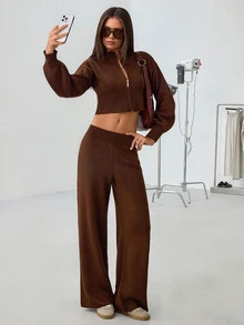 SHEIN Cropped Zip Up Sweater And High Knit Pants Co Ord Set - Brown - View 10