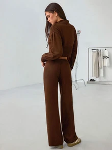 SHEIN Cropped Zip Up Sweater And High Knit Pants Co Ord Set - Brown - View 2