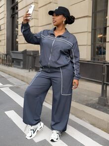 Veslaya Plus Size Contrast Color Long Sleeve Top And Pants 2 Pieces Set - Blue - View 18