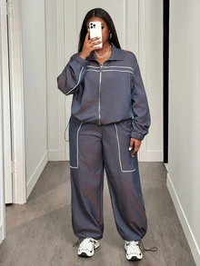 Veslaya Plus Size Contrast Color Long Sleeve Top And Pants 2 Pieces Set - Blue - View 10