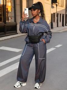 Veslaya Plus Size Contrast Color Long Sleeve Top And Pants 2 Pieces Set - Blue - View 8