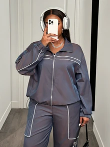 Veslaya Plus Size Contrast Color Long Sleeve Top And Pants 2 Pieces Set - Blue - View 16