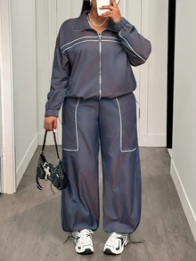 Veslaya Plus Size Contrast Color Long Sleeve Top And Pants 2 Pieces Set - Blue - View 13