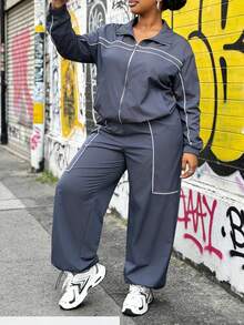 Veslaya Plus Size Contrast Color Long Sleeve Top And Pants 2 Pieces Set - Blue - View 6