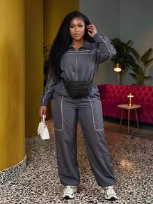 Veslaya Plus Size Contrast Color Long Sleeve Top And Pants 2 Pieces Set - Blue - View 2