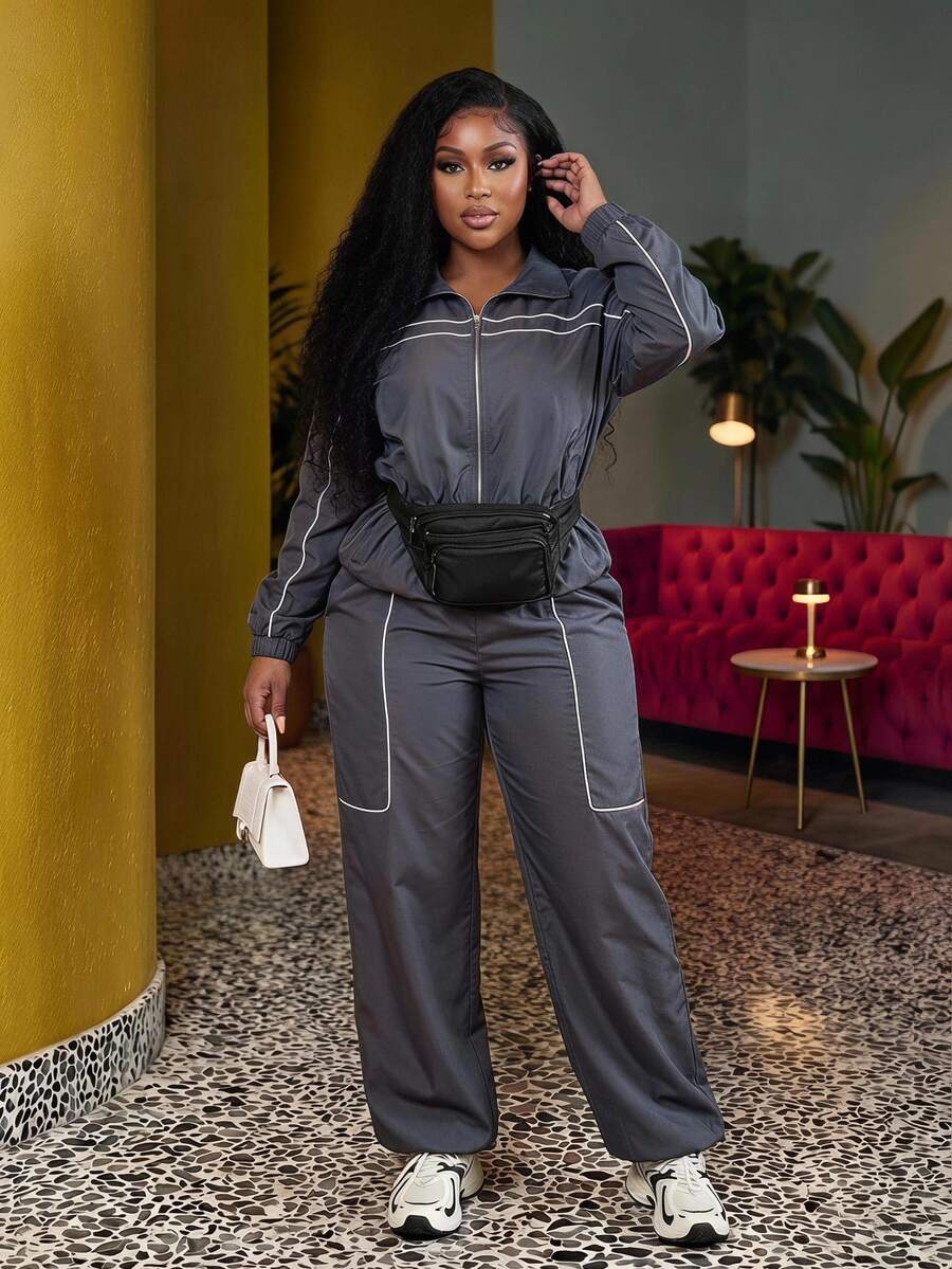 Veslaya Plus Size Contrast Color Long Sleeve Top And Pants 2 Pieces Set