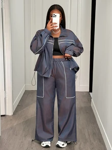 Veslaya Plus Size Contrast Color Long Sleeve Top And Pants 2 Pieces Set - Blue - View 12