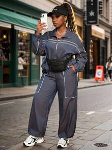 Veslaya Plus Size Contrast Color Long Sleeve Top And Pants 2 Pieces Set - Blue - View 9