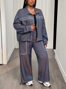 Veslaya Plus Size Contrast Color Long Sleeve Top And Pants 2 Pieces Set - Blue - View 15