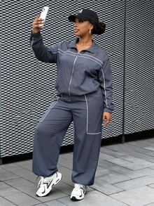 Veslaya Plus Size Contrast Color Long Sleeve Top And Pants 2 Pieces Set - Blue - View 4