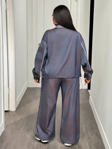 Veslaya Plus Size Contrast Color Long Sleeve Top And Pants 2 Pieces Set - Blue - View 14