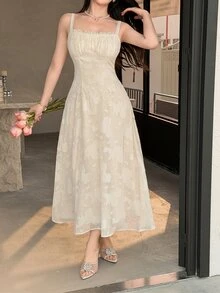 Feyla Đầm slip nữ thanh lịch đính sequin cắt khoét họa tiết hoa cho tiệc trà mùa hè màu trắng - Màu be - Xem 2