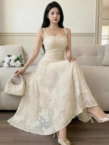 Feyla Đầm slip nữ thanh lịch đính sequin cắt khoét họa tiết hoa cho tiệc trà mùa hè màu trắng - Màu be - Xem 1