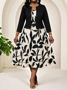SHEIN Lady Plus Size Solid Color Cropped Jacket Floral Print Dress 2 Pieces Set Wedding Christening Guest Bridal Black Beige Autumn Casual Elegant - Multicolor - View 7