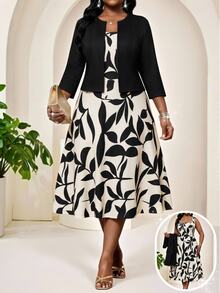 SHEIN Lady Plus Size Solid Color Cropped Jacket Floral Print Dress 2 Pieces Set Wedding Christening Guest Bridal Black Beige Autumn Casual Elegant - Multicolor - View 1