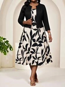 SHEIN Lady Plus Size Solid Color Cropped Jacket Floral Print Dress 2 Pieces Set Wedding Christening Guest Bridal Black Beige Autumn Casual Elegant - Multicolor - View 6