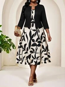 SHEIN Lady Plus Size Solid Color Cropped Jacket Floral Print Dress 2 Pieces Set Wedding Christening Guest Bridal Black Beige Autumn Casual Elegant - Multicolor - View 5