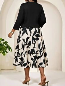 SHEIN Lady Plus Size Solid Color Cropped Jacket Floral Print Dress 2 Pieces Set Wedding Christening Guest Bridal Black Beige Autumn Casual Elegant - Multicolor - View 2