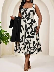 SHEIN Lady Plus Size Solid Color Cropped Jacket Floral Print Dress 2 Pieces Set Wedding Christening Guest Bridal Black Beige Autumn Casual Elegant - Multicolor - View 4