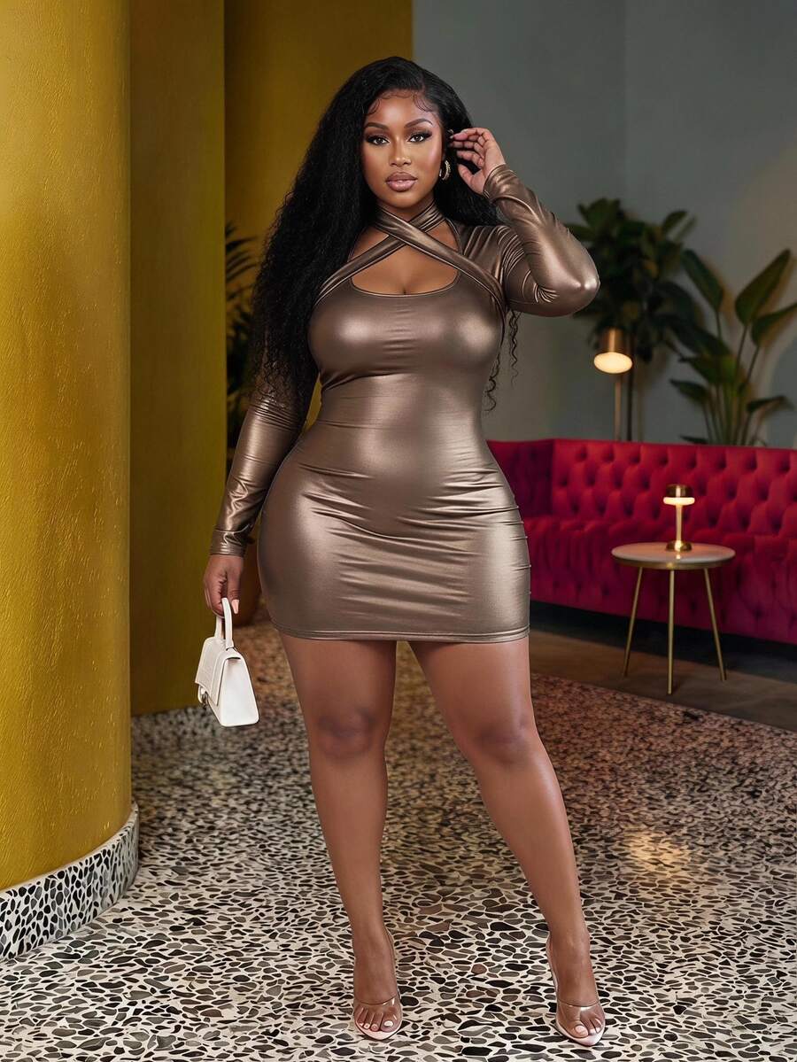 Veslaya Plus Size Women'S Pu Cross V-Neck Bodycon Dress - Brown - View 1