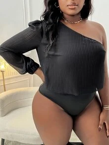 Veslaya 大码女式优雅透视不对称肩长袖紧身衣 - 黑色 - 查看 4