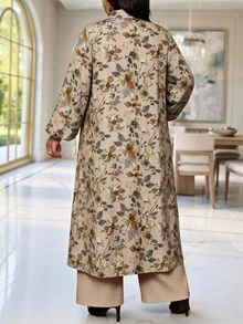 SHEIN Lady Plus Size Elegant 1920 Vintage Commuter Brunch Formal Floral Print Shirt And Pants 2 Pieces Set Khaki Grey Autumn - Multicolor - View 2