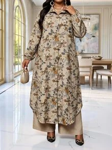 SHEIN Lady Plus Size Elegant 1920 Vintage Commuter Brunch Formal Floral Print Shirt And Pants 2 Pieces Set Khaki Grey Autumn - Multicolor - View 3