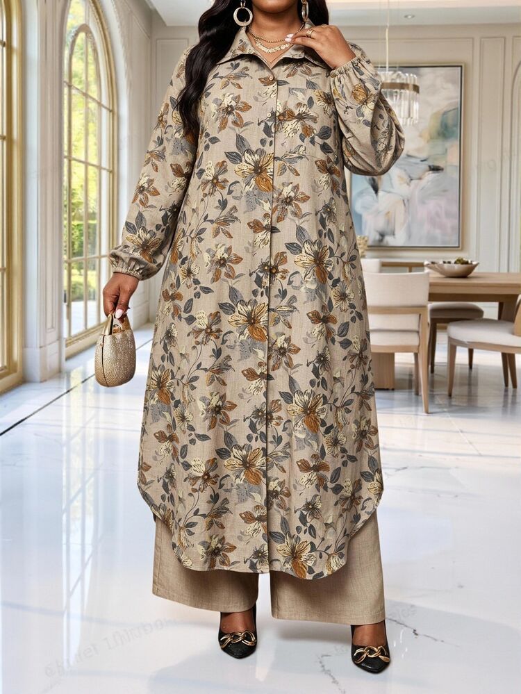 SHEIN Lady Plus Size Elegant 1920 Vintage Commuter Brunch Formal Floral Print Shirt And Pants 2 Pieces Set Khaki Grey Autumn - Multicolor - View 3