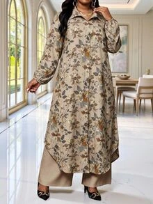 SHEIN Lady Plus Size Elegant 1920 Vintage Commuter Brunch Formal Floral Print Shirt And Pants 2 Pieces Set Khaki Grey Autumn - Multicolor - View 4