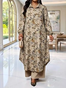 SHEIN Lady Plus Size Elegant 1920 Vintage Commuter Brunch Formal Floral Print Shirt And Pants 2 Pieces Set Khaki Grey Autumn - Multicolor - View 5