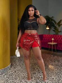 Veslaya Plus Size Shiny Panel Wrap Asymmetric Hemline Skort - Red - View 1