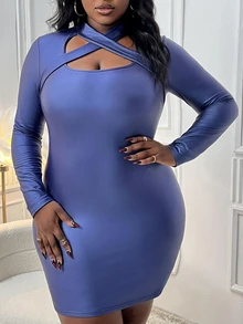 Veslaya Plus Size Women's Pu V-Neck Wrap Dress - Purple - View 3