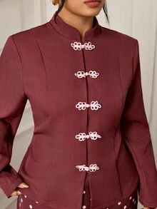 EastFlair Plus Size Women's Elegant 2 Pieces Set With Frog Button Front Long Sleeve Jacket And Polka Dot Pattern Skirt Fall - Brown - View 6