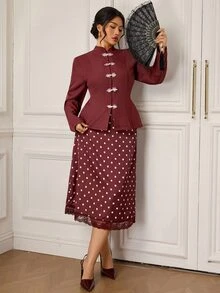 EastFlair Plus Size Women's Elegant 2 Pieces Set With Frog Button Front Long Sleeve Jacket And Polka Dot Pattern Skirt Fall - Brown - View 5