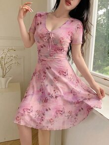 Feyla Women's V-Neck Floral Print Casual Party Dress - Pink - View 5