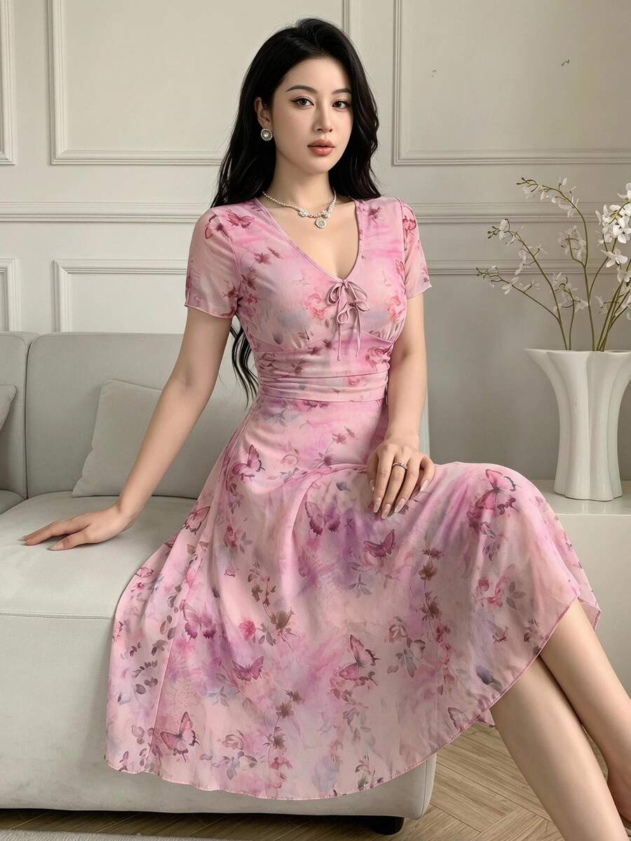 Feyla Women's V-Neck Floral Print Casual Party Dress - Pink - View 1