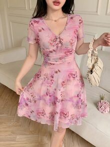 Feyla Women's V-Neck Floral Print Casual Party Dress - Pink - View 4
