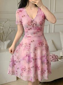 Feyla Women's V-Neck Floral Print Casual Party Dress - Pink - View 3