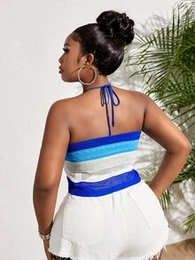 Veslaya Women's Plus Size Striped Contrast Knit Halter Top - Blue - View 2
