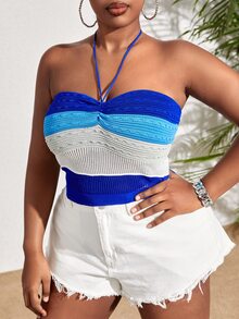 Veslaya Women's Plus Size Striped Contrast Knit Halter Top - Blue - View 4