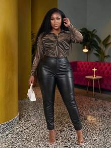 Veslaya Plus Size Women's Printed Fluid Shirt And Slim Cropped Pants Two-Piece Set - Brown - View 1