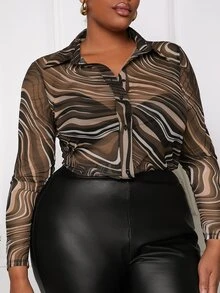 Veslaya Plus Size Women's Printed Fluid Shirt And Slim Cropped Pants Two-Piece Set - Brown - View 3