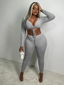 Veslaya 大碼女式前打結肋紋露肩連身褲 - 灰色 - 查看 5