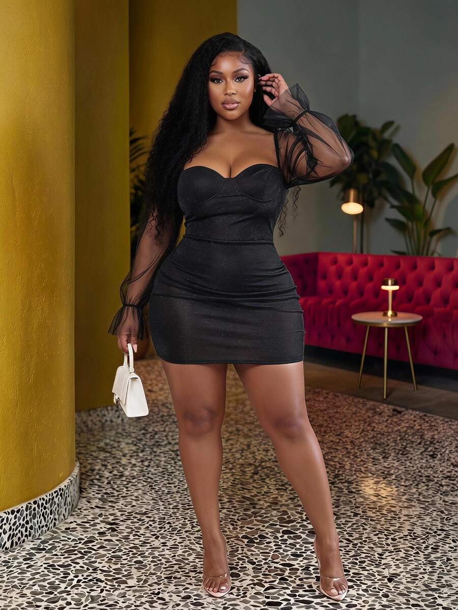 Veslaya Plus Size Sweetheart Neckline Mesh Ruffle Sleeve Sparkly Dress ...